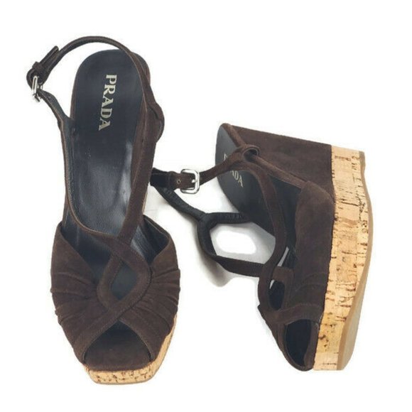 Prada Shoes - Prada Strappy Platform Sandals Womens Brown